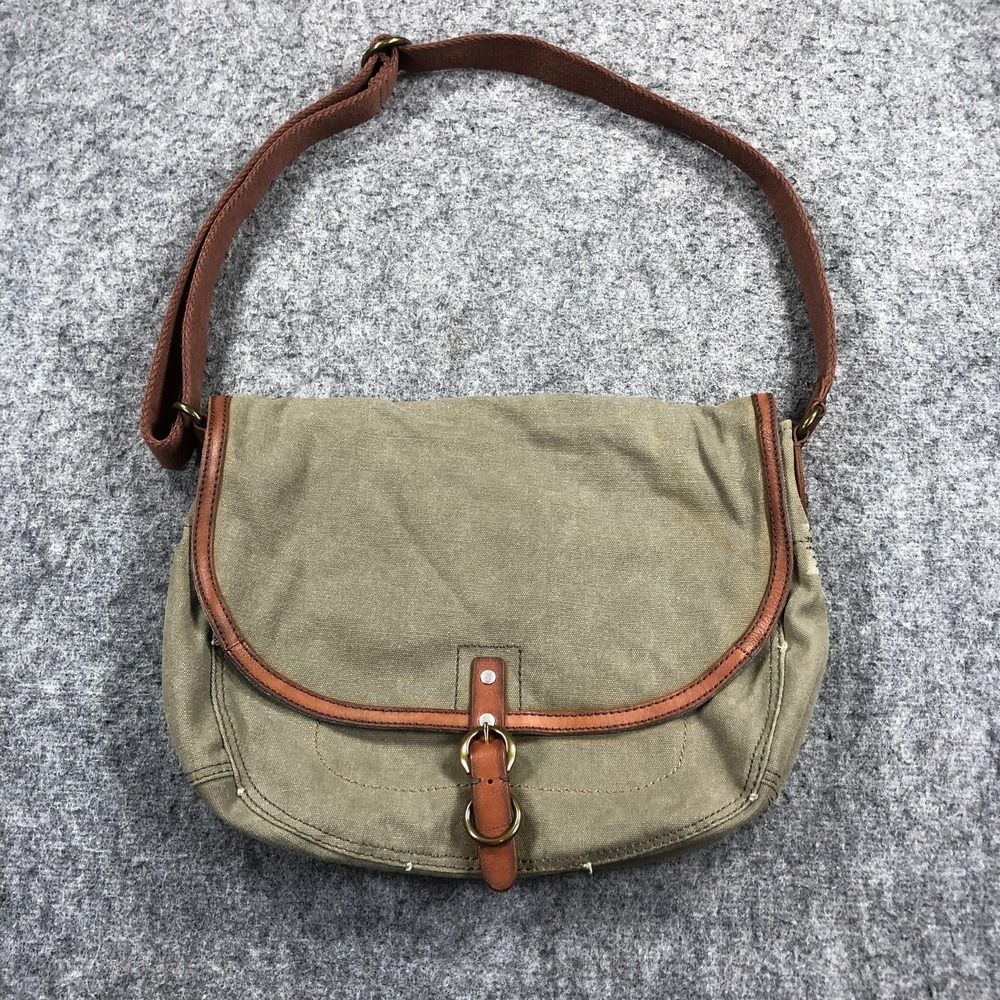 Lucky Brand Crossbody Bag Womens Large Khaki Canvas Leather Buckle Strap Casual